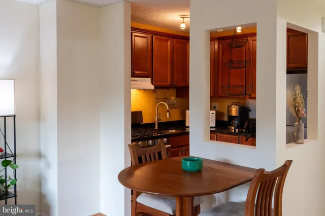 a view of a dining room with furniture