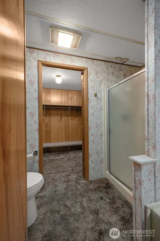 a bathroom with a shower and a toilet