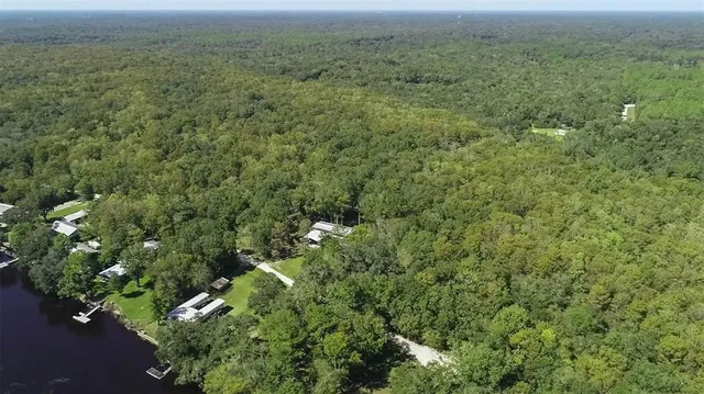 a view of a field with an trees