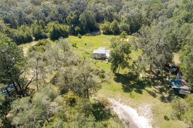 a backyard of a building with large trees