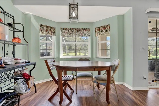 a view of a dining room with furniture window and wooden floor