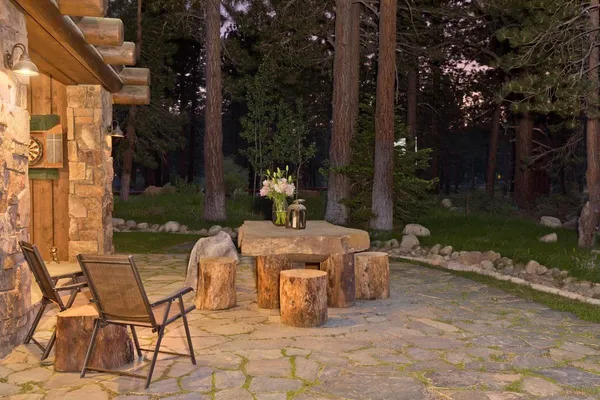 a view of a balcony with wooden floor