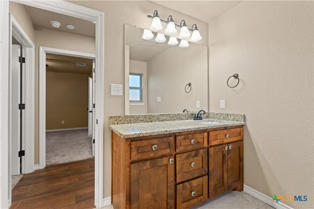 a bathroom with a granite countertop sink a light fixture and a mirror