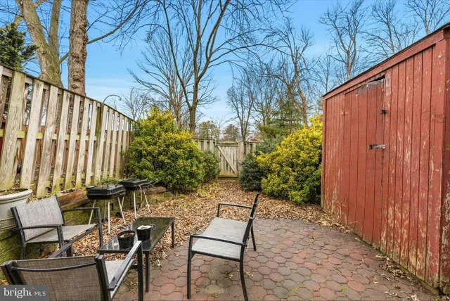 a backyard of a house with table and chairs