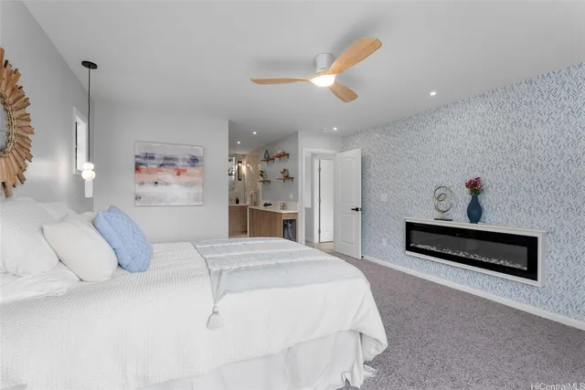 a kitchen with a refrigerator and countertop