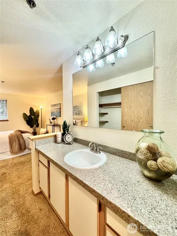 a bathroom with a granite countertop sink and a large mirror