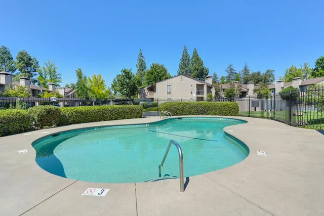 a view of a swimming pool with a garden and trees