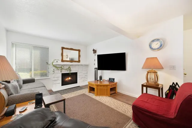 a living room with furniture a flat screen tv and a fireplace