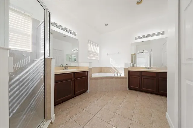 a bathroom with a sink a mirror and a shower