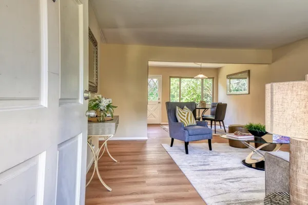 a living room with furniture and a potted plant