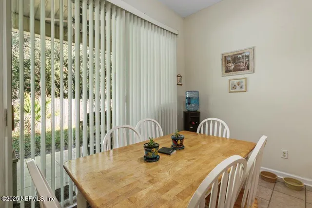 a view of a dining room with furniture and window