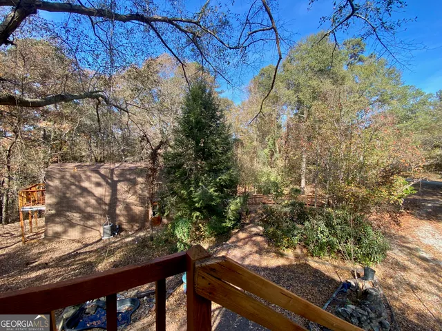 a view of a yard with plants and trees