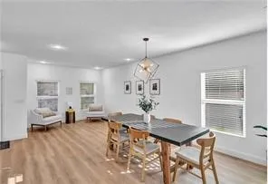 a view of a dining room with furniture window and wooden floor