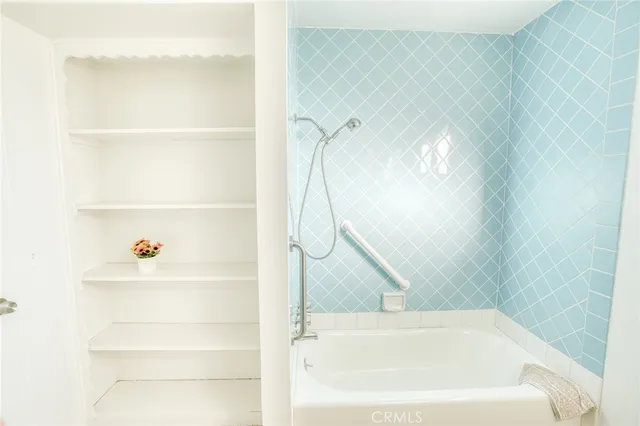 a bathroom with a bathtub and a shower