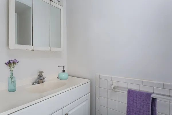 a bathroom with a sink toilet and shower curtain