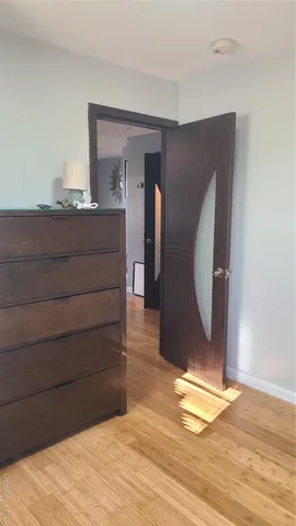 a view of a hallway with wooden floor and cabinet