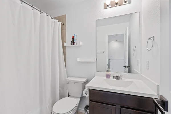 a bathroom with a sink a toilet and shower curtain