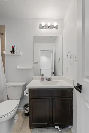 a bathroom with a sink a toilet and mirror