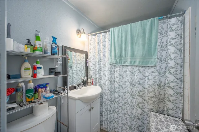 a bathroom with a sink toilet and shower