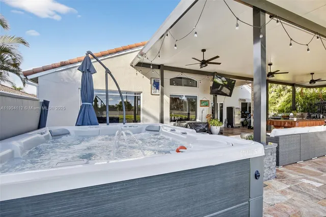 a garden view with a seating space