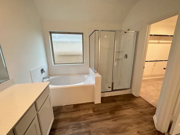 a bathroom with a tub a sink and a shower