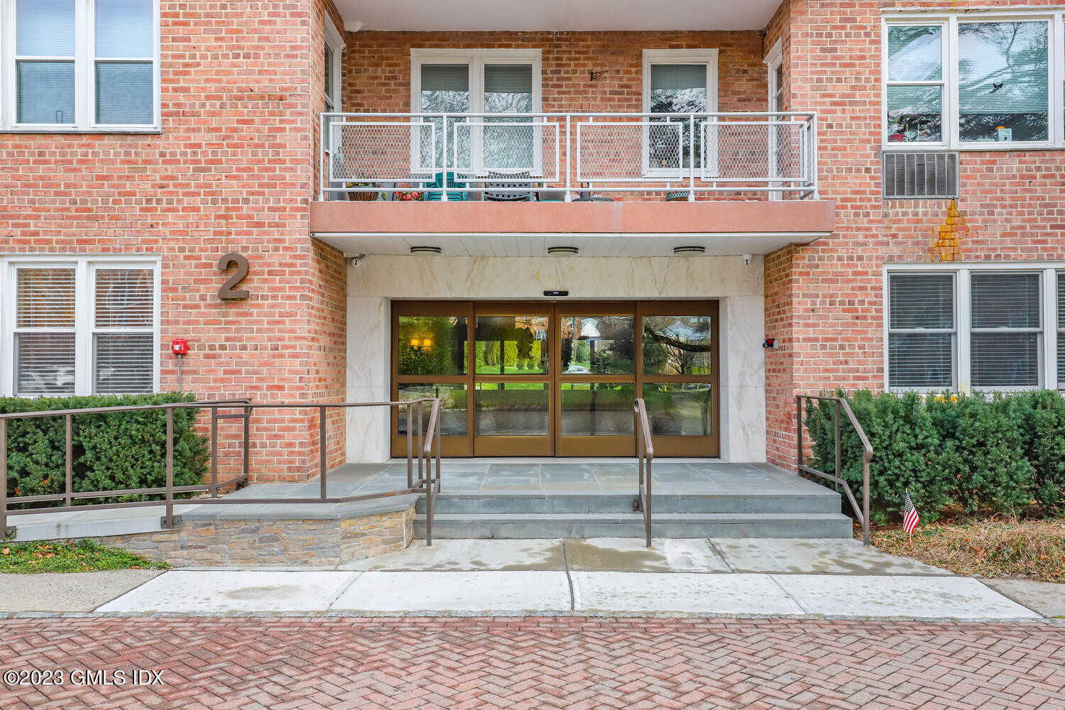 a front view of a brick building