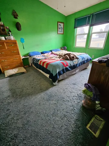 a bedroom with a bed and windows