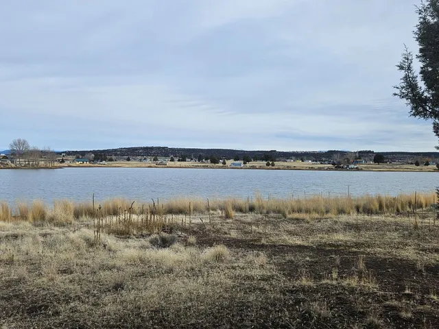 a view of a lake with houses in the back