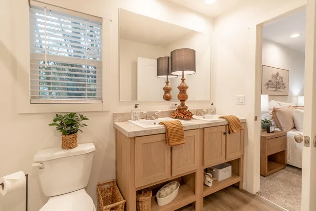 a bathroom with a toilet sink and mirror