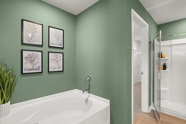 a bathroom with a bathtub and shower