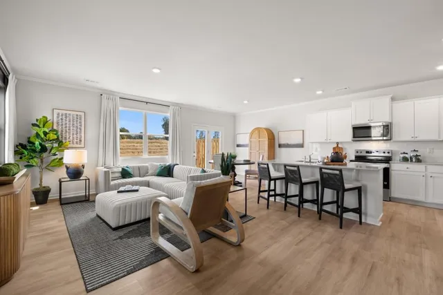 a living room with furniture and kitchen view