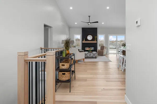 a view of a living room and dining room