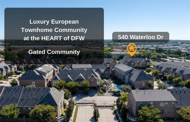 an outdoor space with seating area and sign board