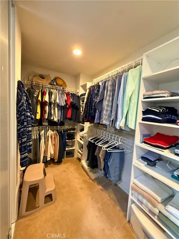 a view of walk in closet with clothes and shoes