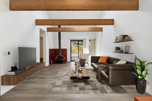 a living room with furniture and a potted plant