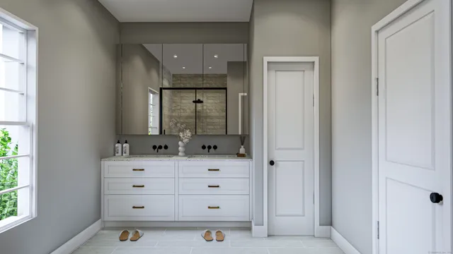 a bathroom with a shower and a tub