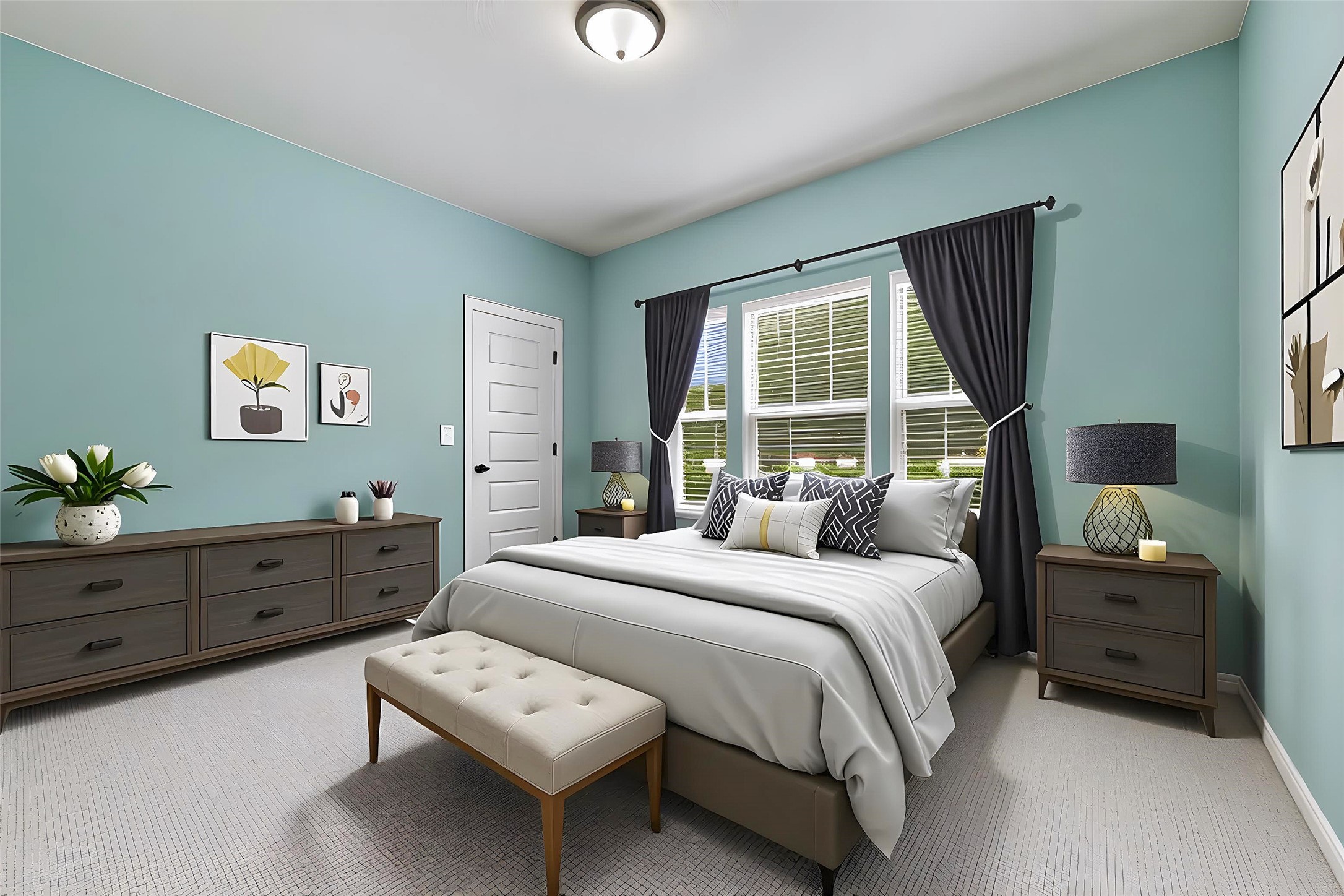 8721 Sikes Way Austin, TX 78747 - Photo 19 of 33 Virtually staged - Bedroom #2 featuring multiple large windows, light wall color, and light-toned carpeting