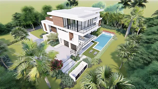 a white swimming pool with a yard and plants