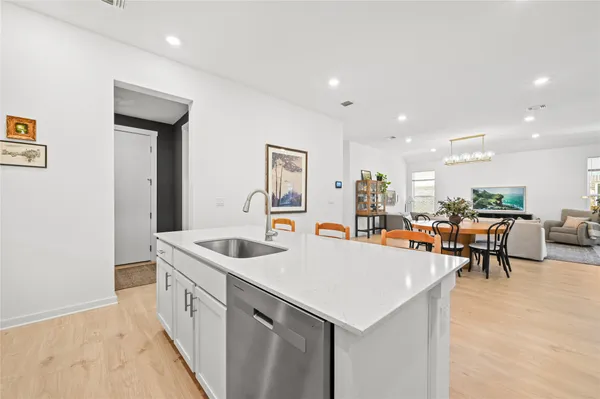 a view of counter top space with furniture and view