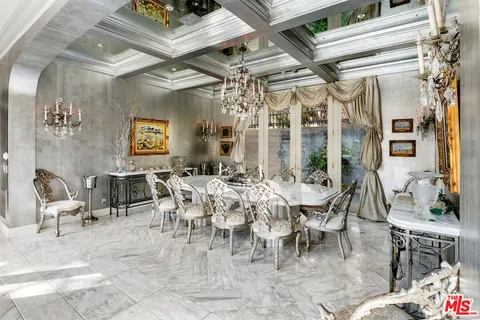 a view of a dining room with furniture