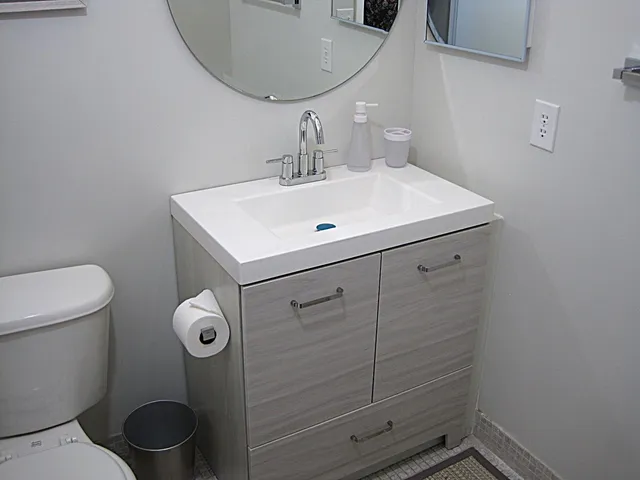 a bathroom with a sink a toilet and a mirror