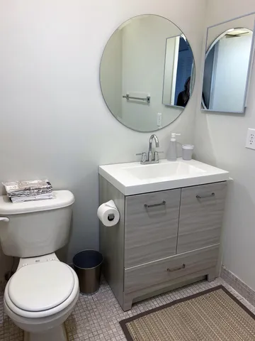 a bathroom with a toilet a sink and mirror