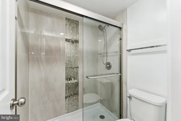 a bathroom with a shower and toilet