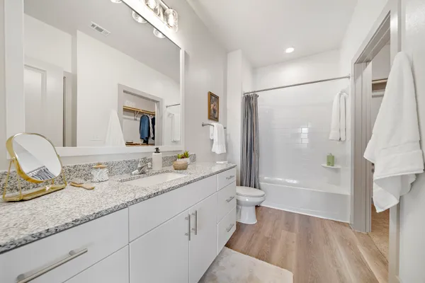 a bathroom with a granite countertop sink mirror toilet and bathtub