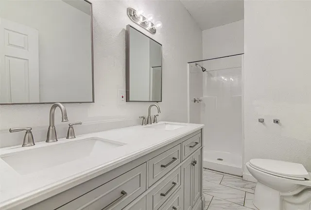 a bathroom with a sink a toilet a mirror and shower