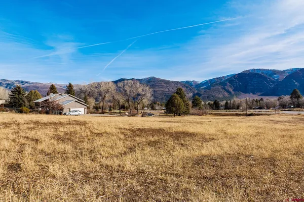 a view of large green field with mountains in the background