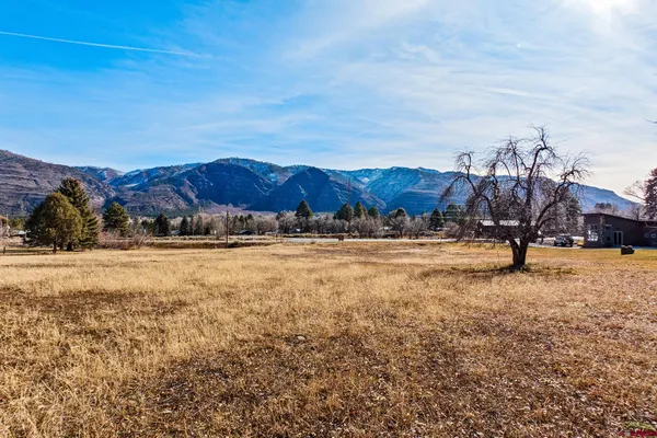 a view of a town with mountains in the background