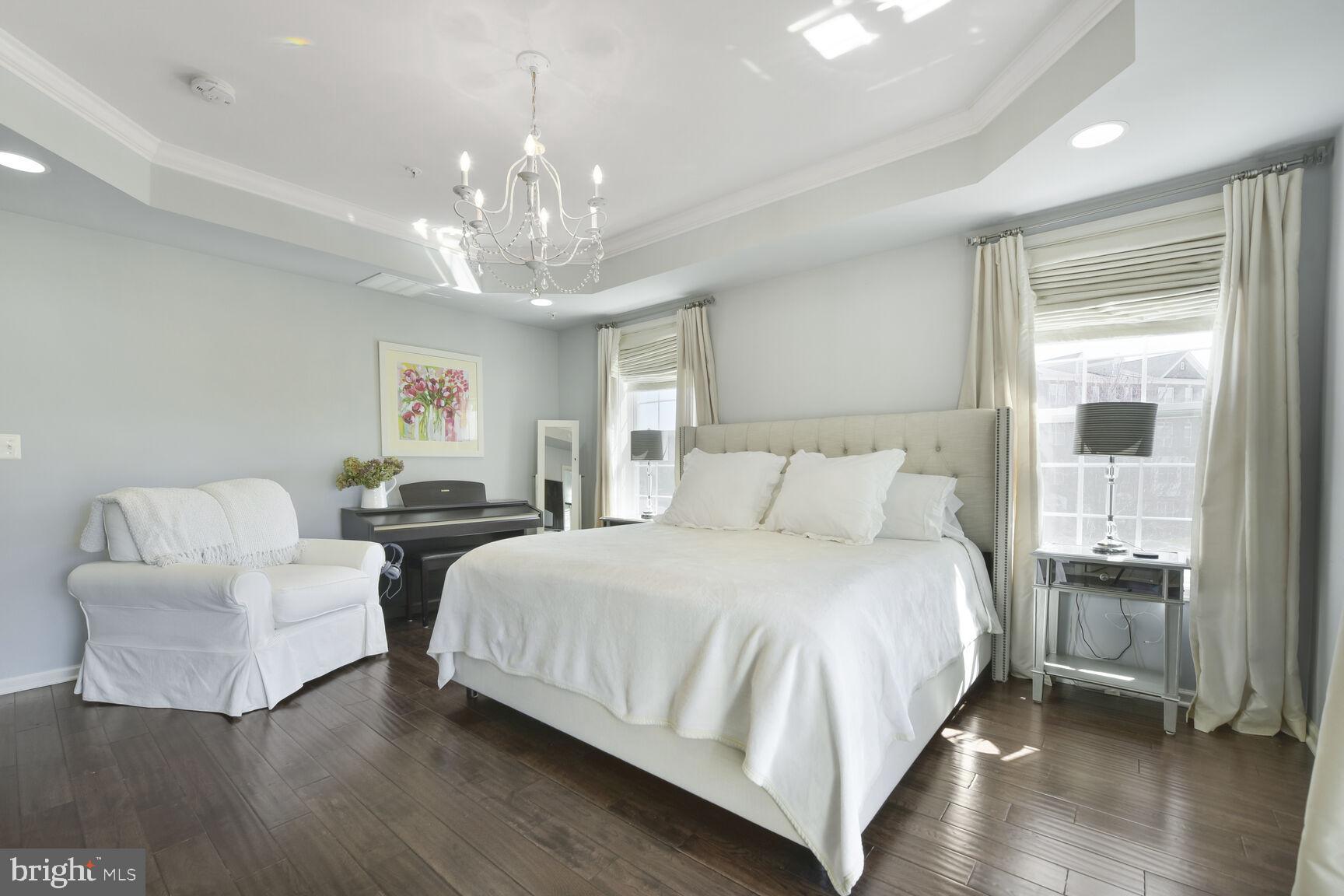 43037 Clarks Mill Terrace Ashburn, VA 20148 - Photo 19 of 28 a spacious bedroom with two beds and a chandelier
