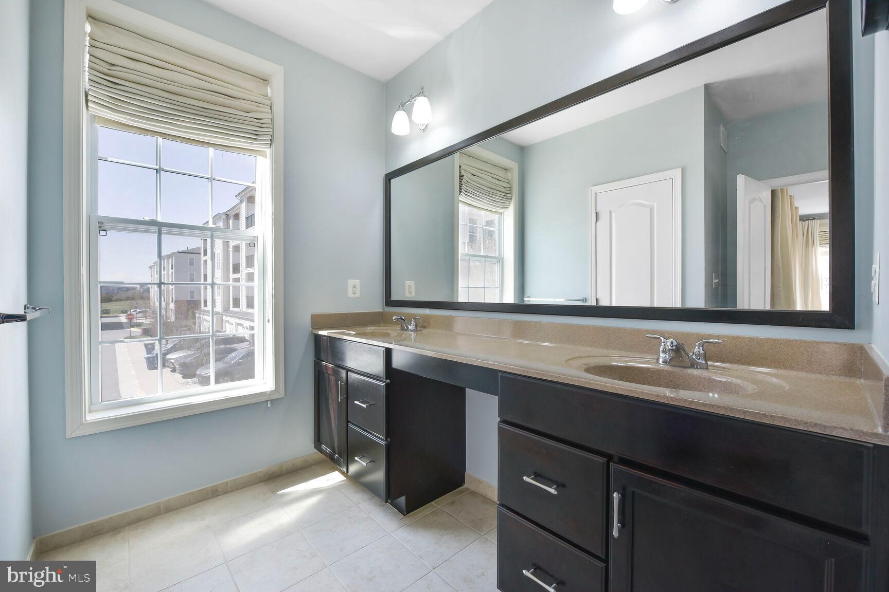 43037 Clarks Mill Terrace Ashburn, VA 20148 - Photo 23 of 28 a bathroom with a granite countertop sink a large mirror a and a window