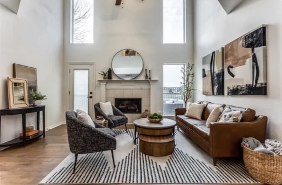 1377 Riley Drive Carrollton, TX 75007 - Photo 8 of 27 a living room with furniture a rug and a fireplace